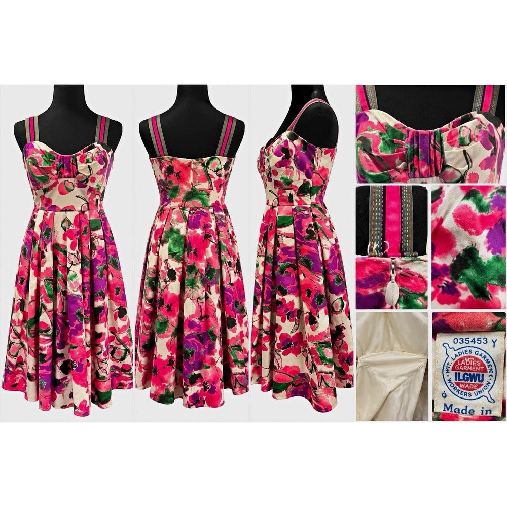 Vintage Floral Fit & Flare Dress Pink Purple Green Pleated Full Skirt Retro READ